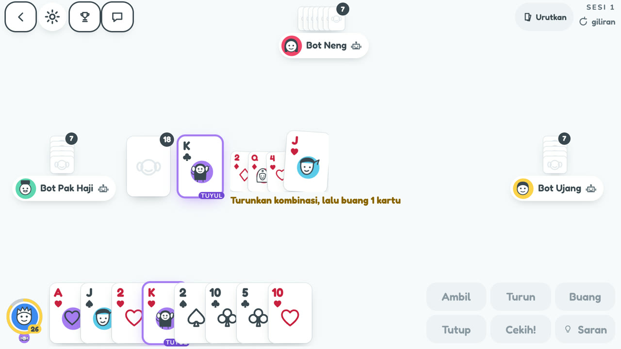 Meja permainan Remi Cekih Online dengan tiga bot